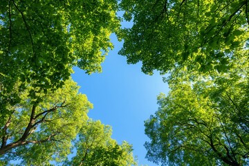 Fototapeta premium Upward view of the green treetops against the blue sky for wallpaper use