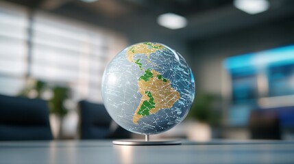 Digital globe on desk shows global connection in office, conceptual work, business