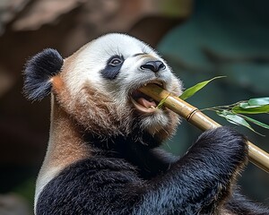 Obraz premium Panda eating bamboo in enclosure (1)