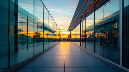 Obraz premium Modern Glass Building Exterior With Illuminated Walkway Reflecting Cityscape At Sunset