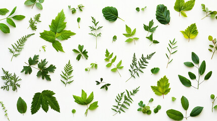 A diverse collection of green leaves and ferns arranged neatly on a light background, showcasing the beauty of various plant species.