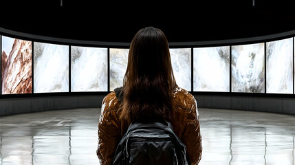 A woman stands looking at a collection of screens