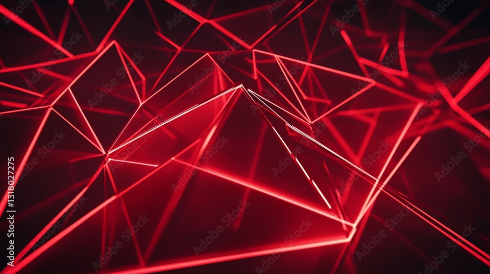 Poster abstract red geometric network: glowing triangles and lines in deep crimson
