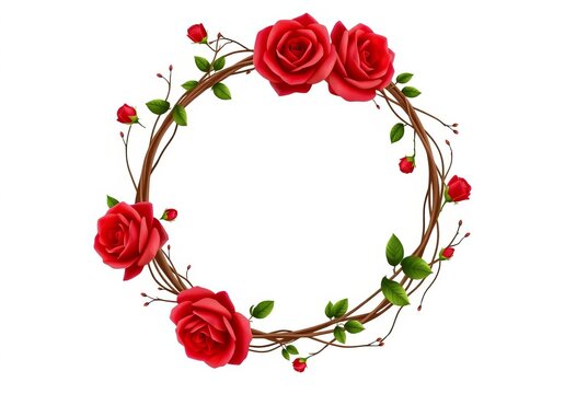 Round frame wreath of intertwined branches, adorned with red roses Vector template for greeting cards or wedding invitations, graphics, stock photo