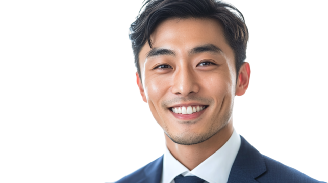 Handsome asian businessman smiling, isolated on transparent background.
