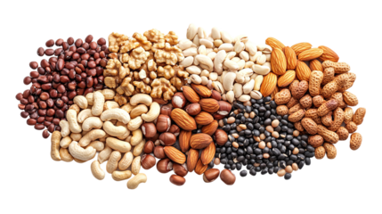 Macro shot of mixed nuts, beans, and seeds isolated on transparent background.