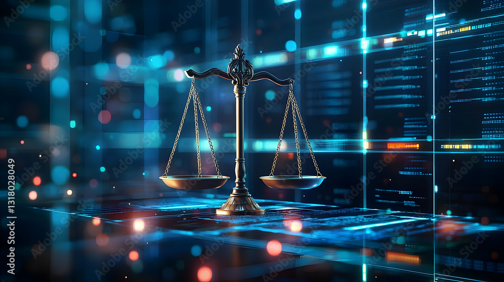 Poster scales of justice balancing on digital abstract blue background with binary code in futuristic cyber