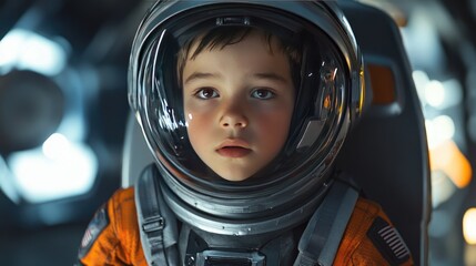 A young child wearing an astronaut helmet in space suit