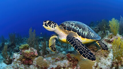 Fototapeta premium Sea Turtle Swimming in Coral Reef