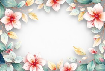 Pale watercolor leaves border, pastel floral frame, botanical banner design, decoration, delicate