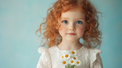 Fototapeta premium Ethereal Elegance in Vintage White. Adorable Child with Red Curly Hair Holding Daisies Against a Blue Background