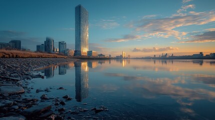 Obraz premium Urban Landscape at Sunrise with Reflections and Modern Architecture