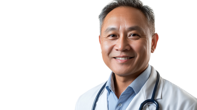 Portrait of a smiling asian male doctor with a stethoscope, isolated on transparent background.