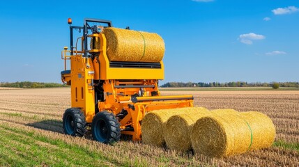 Fototapeta premium Bright Yellow Machine Baling Hay Under Clear Blue Sky