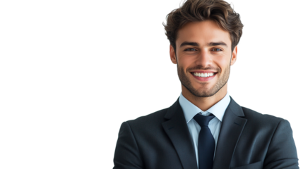 Portrait of a smiling businessman manager in a suit, isolated on transparent background.