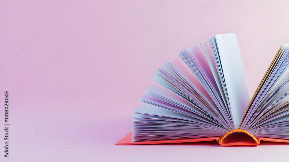 Poster opened book with pages displayed on pink background with soft lighting and selective focus