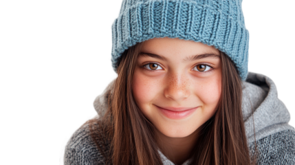 Portrait of a smiling young girl wearing a beanie hat, isolated on transparent background.