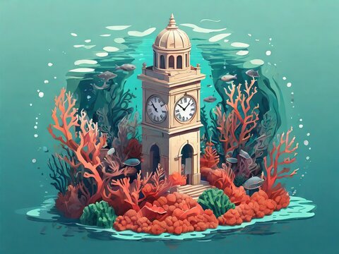 Cloack tower made of coral with seaweed illustration background