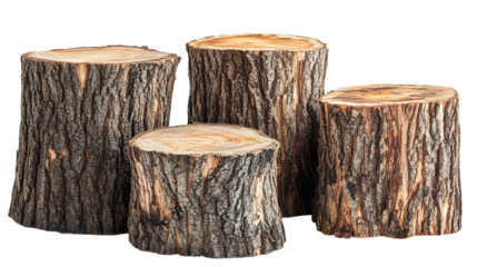 Set of tree trunk stumps isolated on white.