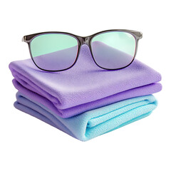 Stylish eyeglasses resting on a neat stack of soft lavender and aqua microfiber cleaning cloths isolated on transparent background.