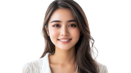 Young beautiful asian woman smiling, isolated on transparent background.
