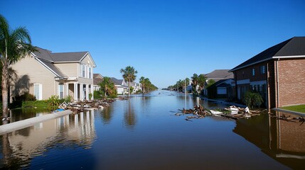 Obraz premium Flooded street in neighborhood, damage after hurricane or storm for news report