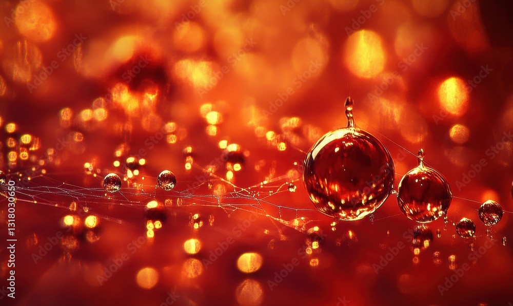Poster red water drops on spiderweb with bokeh background, ideal for abstract projects