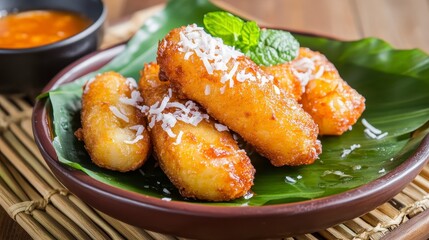 Crispy Fried Bananas with Coconut on Green Leaf Serving Dish