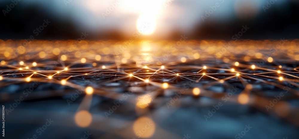 Poster abstract glowing network with blurred sun for tech presentation backdrop