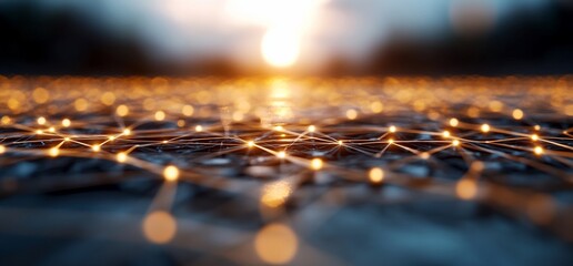 Abstract glowing network with blurred sun for tech presentation backdrop
