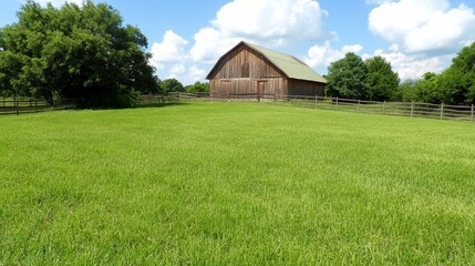 Obraz premium Serene Green Field with Rustic Barn Under a Bright Blue Sky