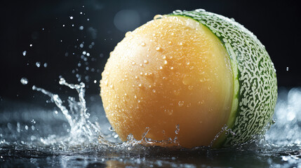Fresh cantaloupe in water splash
