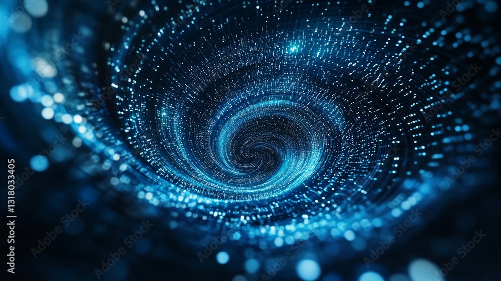 Poster abstract digital vortex: a mesmerizing swirling pattern of blue light and data points creating a cap