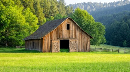 Obraz premium Rustic Wooden Barn Surrounded by Lush Green Fields and Trees