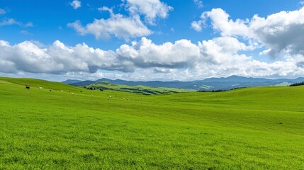 Obraz premium Expansive Green Pasture Under Bright Blue Sky with Fluffy Clouds