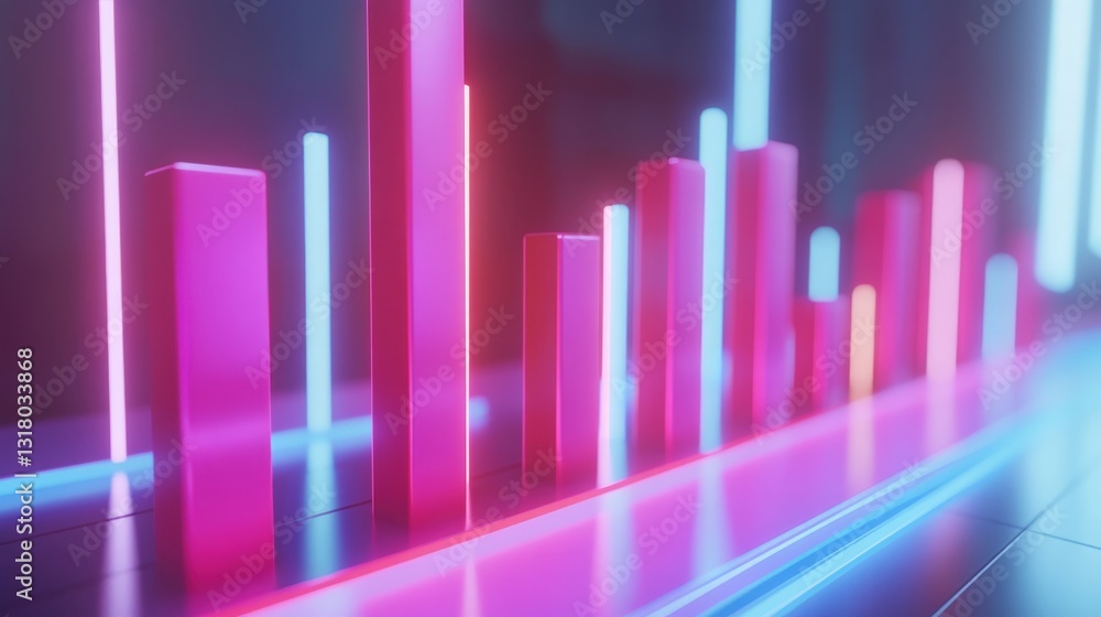 Poster vibrant neon bar graph representing data trends in a futuristic digital environment