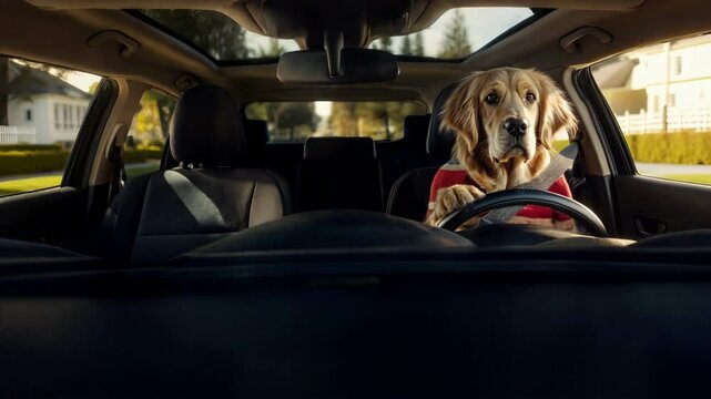 Funny golden retriever dog sitting in driver seat, paw on steering wheel. Funny pet, driving car concept, dressed dog driving down the road in sunny day, cute animal in car moving. Front view