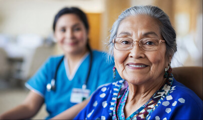 portrait of a senior Native American woman and nurse in background
