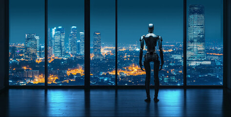 Robot looking out an office window at a city at night