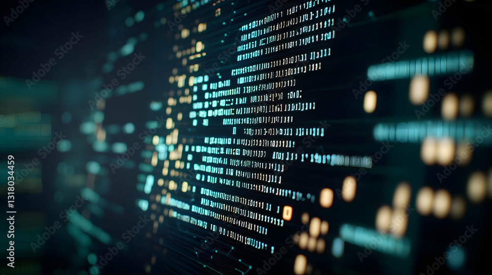 Poster abstract close up of blue green and gold computer code on a dark monitor screen in a blurred server 