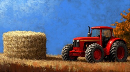 Obraz premium Red Tractor Near Round Hay Bale in Autumn Landscape Artwork