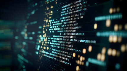 Fototapeta premium Abstract Close Up Of Blue Green And Gold Computer Code On A Dark Monitor Screen In A Blurred Server Room