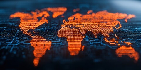 E-Commerce Growth concept. A digital map of the world displayed in glowing orange, set against a dark background with a binary code pattern.