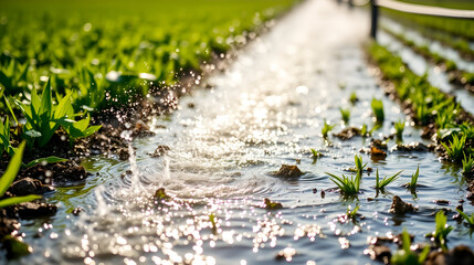 I cant pinpoint the exact content of the image, but I can aid in crafting a description and keywords centered around the broader topic of irrigation in agriculture, featuring glistening water