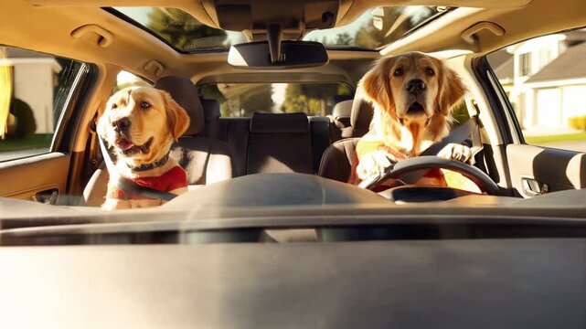 A couple of golden retrievers joyfully driving the road. From the front of a car view. Both dogs wear sweaters, enjoying their family travel time on a sunny day.