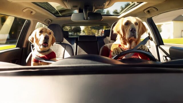 A couple of golden retrievers joyfully driving the road. From the front of a car view. Both dogs wear sweaters, enjoying their family travel time on a sunny day