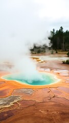 a geothermal feature with bright, contrasting colors and steam, set in a forested area, showcasing the natural wonder.
