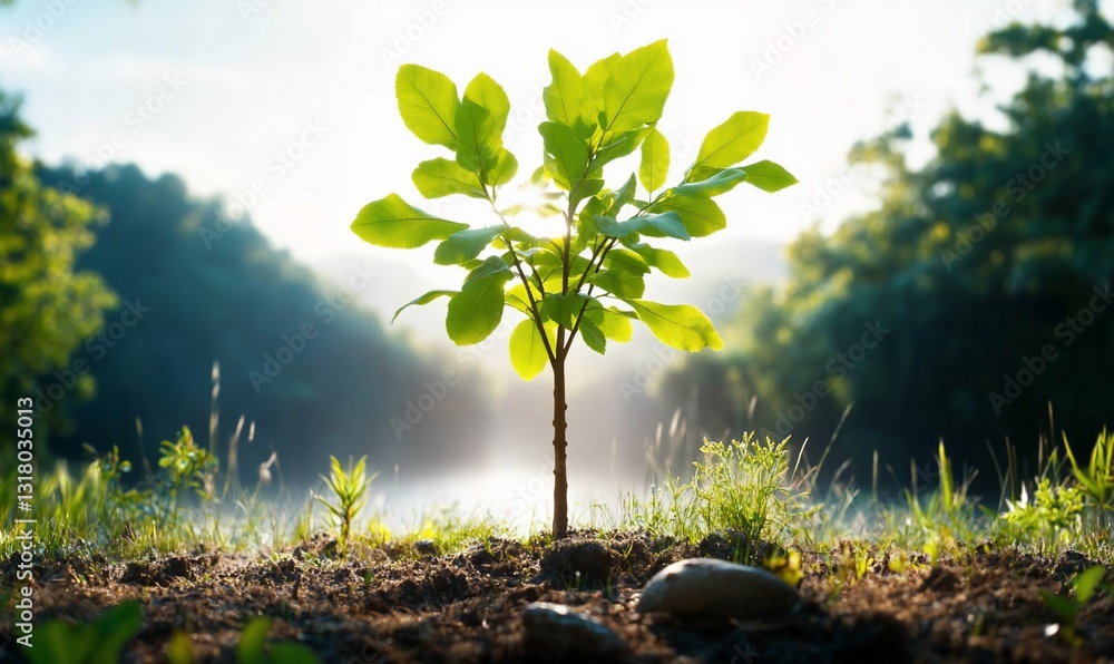 Poster sapling growing in soil with sunlight illuminating the forest for use in botany