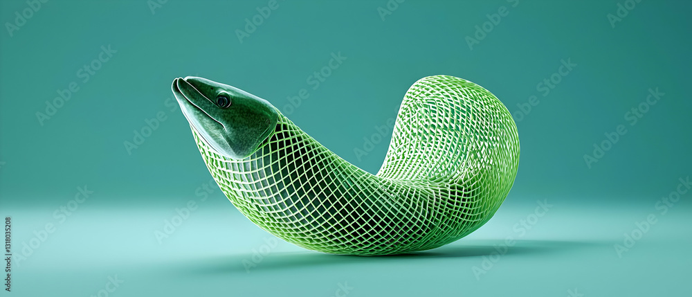 Poster 3d render of a pixelated green voxel object against a teal background with smooth lighting and curvi