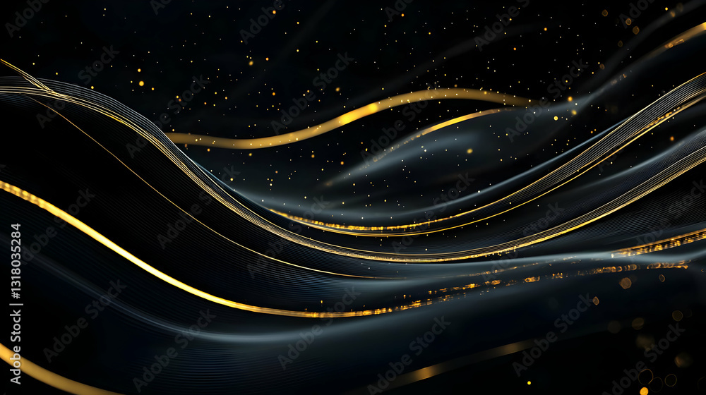 Poster abstract black and gold dynamic background with wavy pattern golden particles and glitter 3d renderi